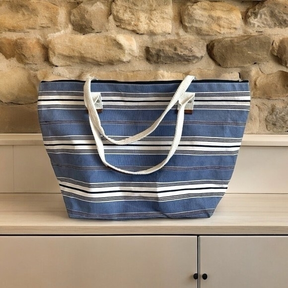 Chic by the Beach Handbags - Blue White Striped Cotton Canvas Tote Bag Shoulder Shopper Travel Large
